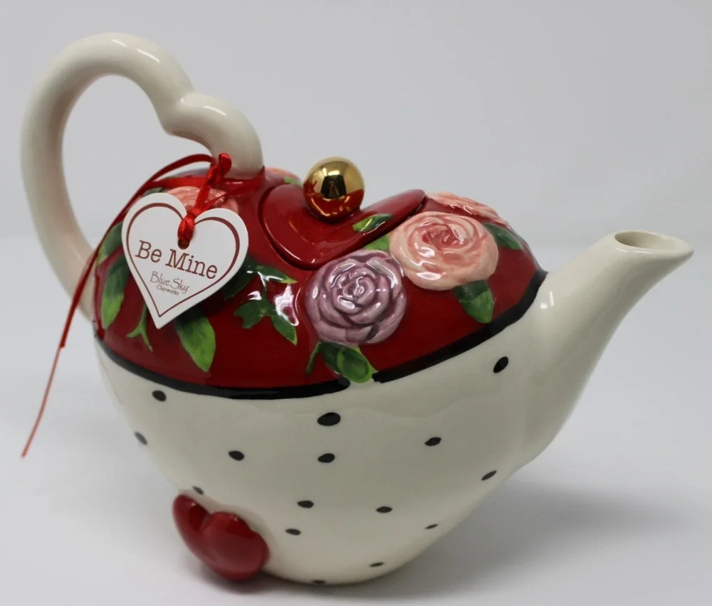 Blue Sky Clayworks “Be Mine” Heart Teapot – 2020, Floral, 9x6–7.5”, 2 lbs